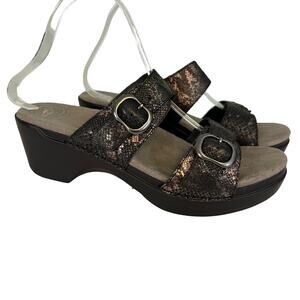 Dansko Sandals 9.5 Sophie Leather Snakeskin Buckle Slip On Open Toe Wedge Black
